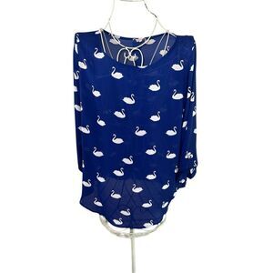 NEW WITH TAGS STITCH FIX Pixley Semi Sheer Top Royal Blue White Swans 3/4 Sleeve
